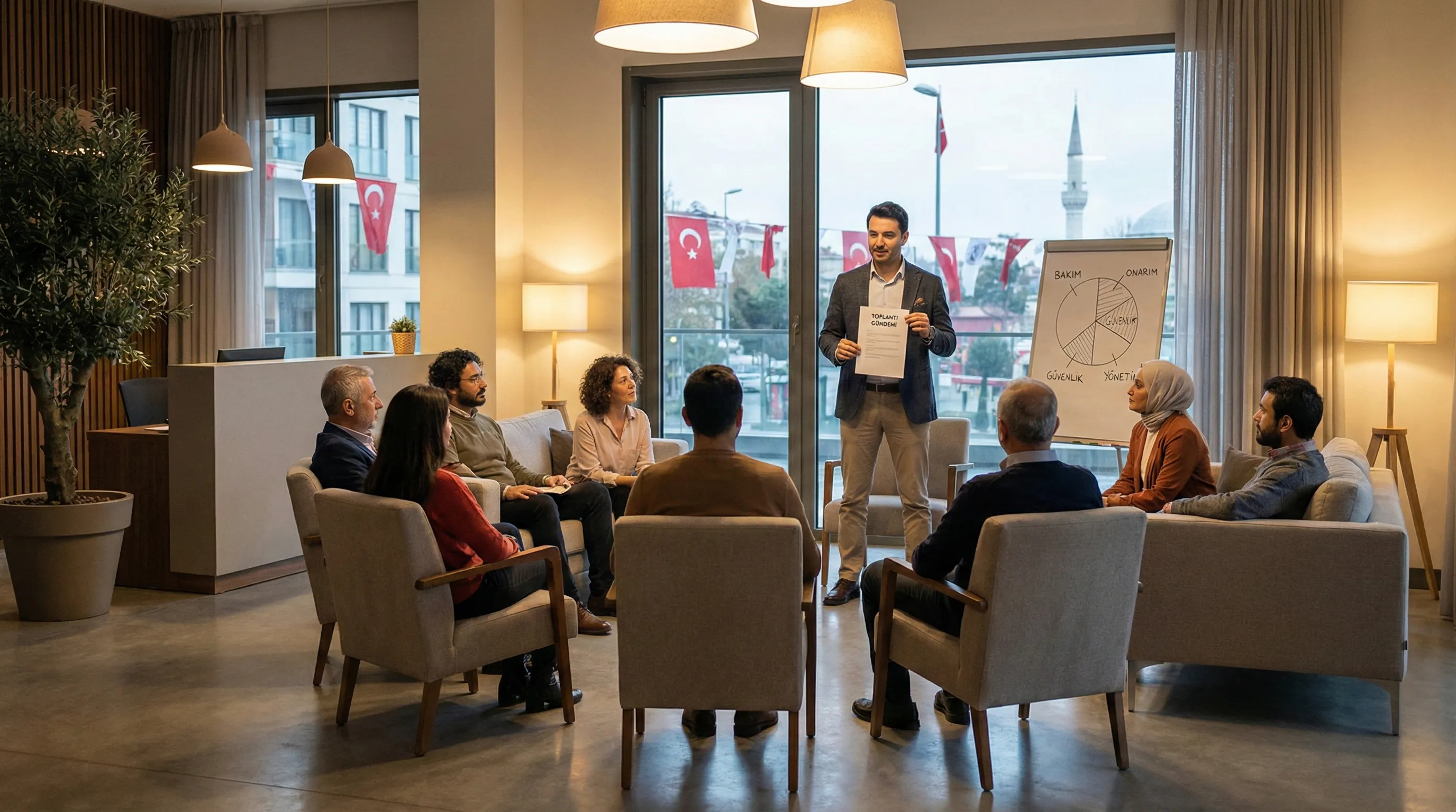 Apartman toplantısı gündem maddeleri sıralama ve kontrol listesini gösteren infografik